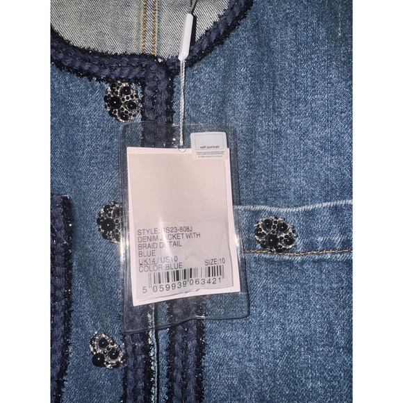 Self-Portrait Denim Jacket Cropped Embellished Buttons Pockets Blue 10 - Picture 7 of 12
